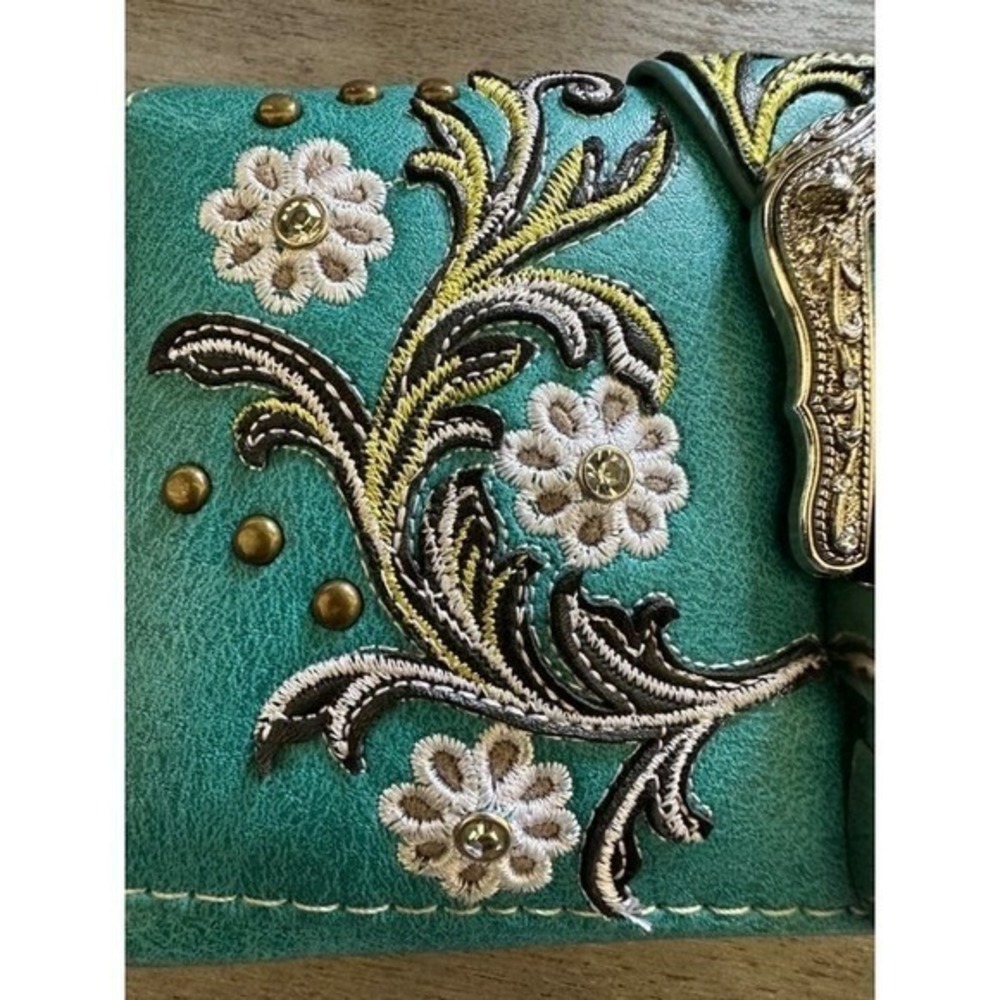 Western Turquoise Embroidered Floral Buckle Tri-Fold Wallet Crossbody Ready - Picture 5 of 10